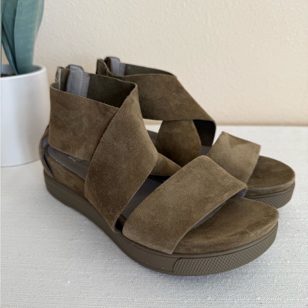 Eileen Fisher Olive Suede Strap Wedge Sandals